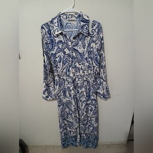 Zara Blue and White Paisley Long Sleeve Shirt Dress